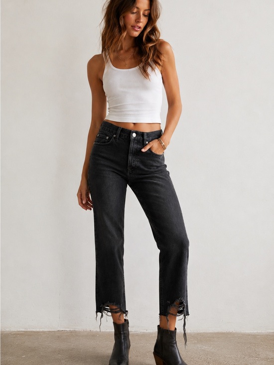 We The Free Denim - We The Free Black Distressed Straight Crop Jeans Women’s 25 Raw Hem 100% Cotton
